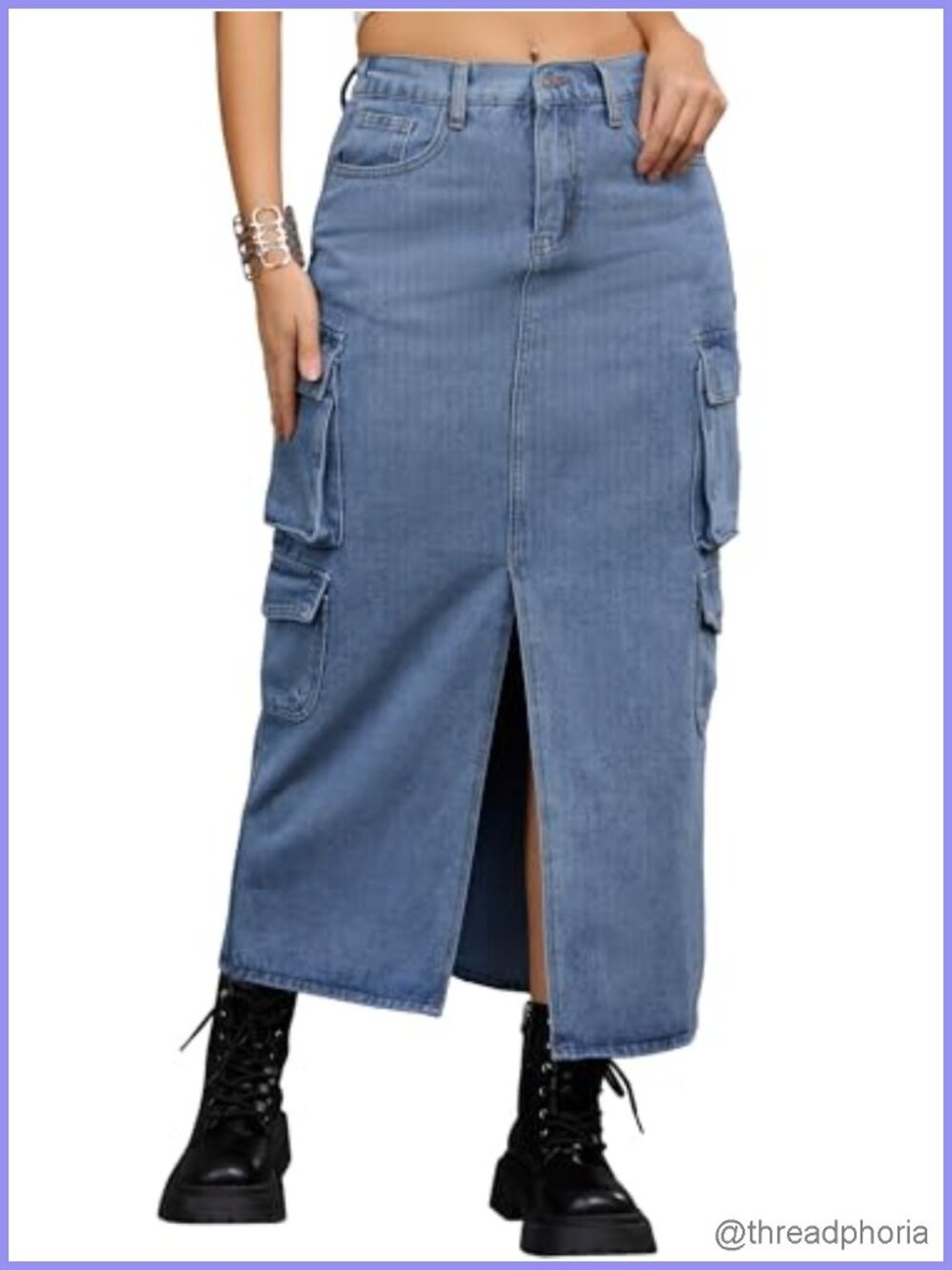 Cargo Maxi Denim Skirt High Waist Slit Front Pockets Long Jean